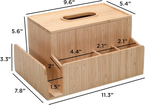Bamboo Tissue Box Holder & Tablet Stand Organizer - Compartments for iPad, Phones, Remote Controls, Notepads, Pens