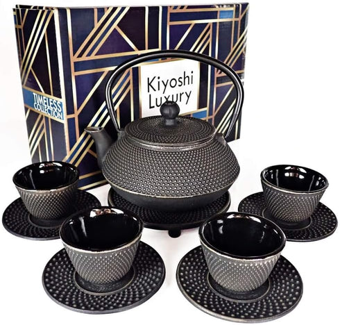 Large 11PC Japanese Tea Set "Gashu Black" Cast Iron Tea Pot 26Oz