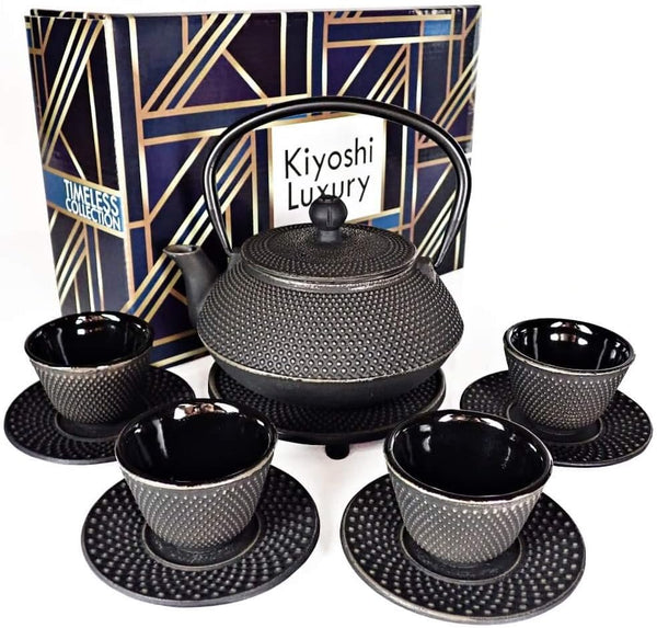 Large 11PC Japanese Tea Set "Gashu Black" Cast Iron Tea Pot 26Oz