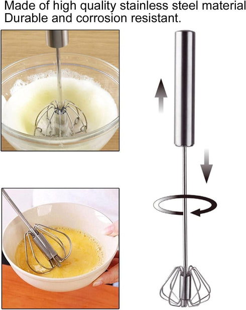 Stainless Steel Whisks, Semi-Automatic Egg Beater, Milk Frother, Hand Push Mixers for Home Kitchen (12in)