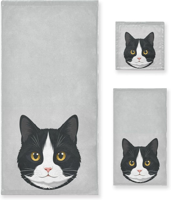 Aslsiy Cute Black White Cat Towel Set 3 Pcs Kitten Kitty Bath Hand
