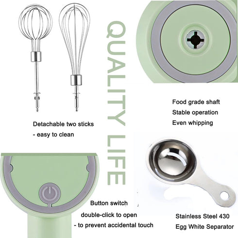 Hand Mixer, Portable Electric Cordless Handheld Mixer, 3-speed USB Rechargeable with Twin Mixer Whips and Egg Separator