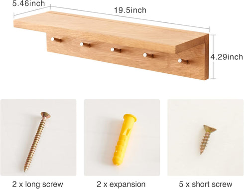 Wall Mounted Coat Rack Shelf, Oak Wood Entryway Shelf with 5 Hooks, Floating Shelf for Bedroom, Living Room