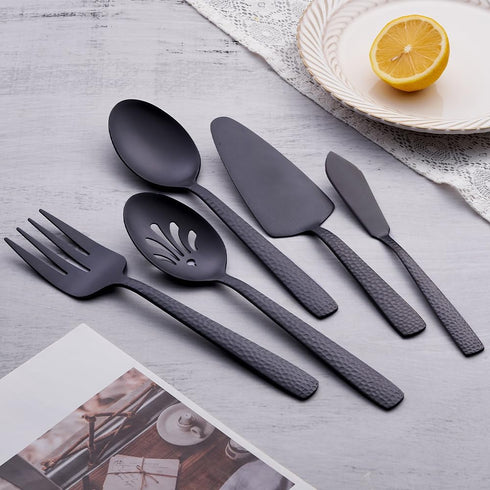 Matte Black Large Serving Utensil Set, FULLYWARE Stainless Steel Large Hostess Serving Set, include Serving Spoon, Slotted Serving Spoon, Serving Fork, Pie Server and Butter Knife, 5-piece by FULLYWARE