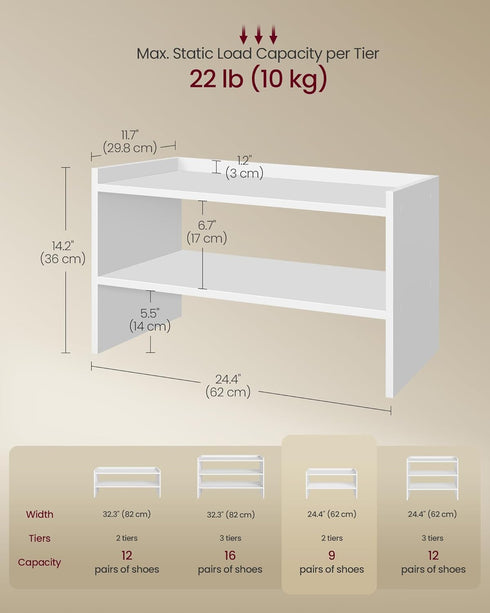Closet, 2 11.7 24.4 14.2 Inches, ULBS062WZ01S VASAGLE Shoe Rack for Stackable Shoe Organizer Shelf for Entryway, Tiers
