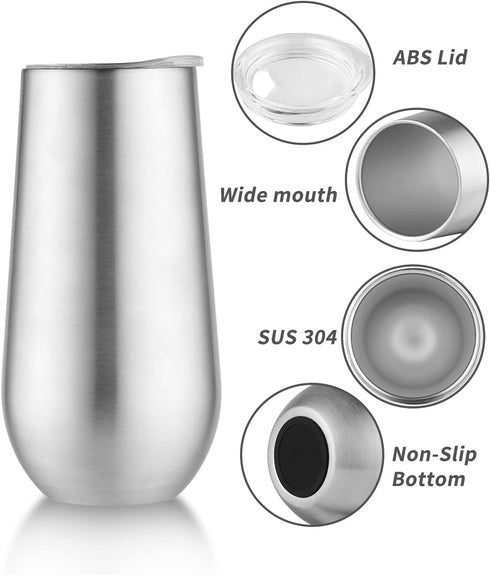 Sivaphe 2Pack Stemless Champagne Flutes Set with Lid, Stainless Steel Insulated Vacuum Tumbler Cocktail Cups - 6 Ounce