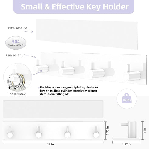 VIS'V Key Holder Wall Mount, Large Metal Self Adhesive Key Hanger with 4 Hooks, No Drilling, White