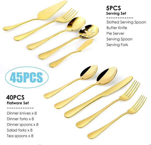 Gold Silverware Set for 8, OGORI 45-Piece Stainless Steel Flatware Set with Serving Utensils