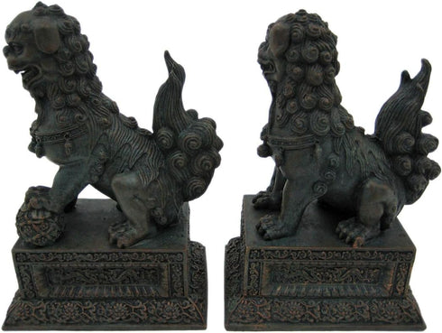 YTC Summit International, Inc. Pair of Chinese Lions Stone Guardian Figurines Set of 2 on Engraved Base