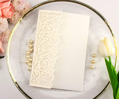 25pcs 5"x7.28" Ivory Vintage Tri Fold Wedding Invitations Cards, Pocket Pearl Paper Laser Cut Covers Only
