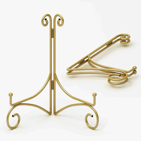 Iron Plate Stand for Display, 12 Inch Large Easels for Book, Art Piece, Photo and Platter, Folding Design, 2-Pack, Gold