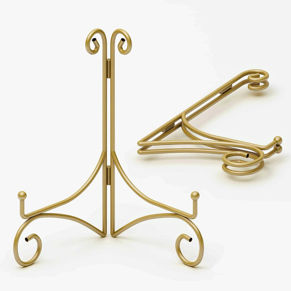 Iron Plate Stand for Display, 12 Inch Large Easels for Book, Art Piece, Photo and Platter, Folding Design, 2-Pack, Gold