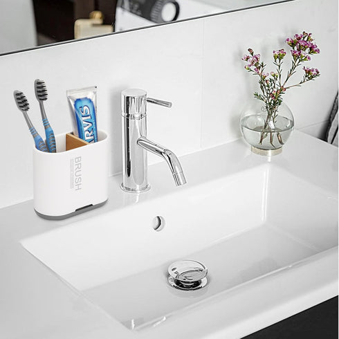 Toothbrush and Toothpaste Holder with Bamboo Divider for Bathroom Countertop Organizer, 2 Slots for Family (White)