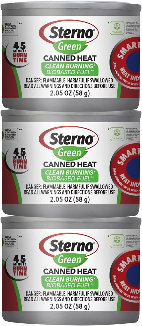 Sterno Green Canned Heat Ethanol Fuel Can, 45-Minute Burn Time, Pack of 3 for Food Warmer