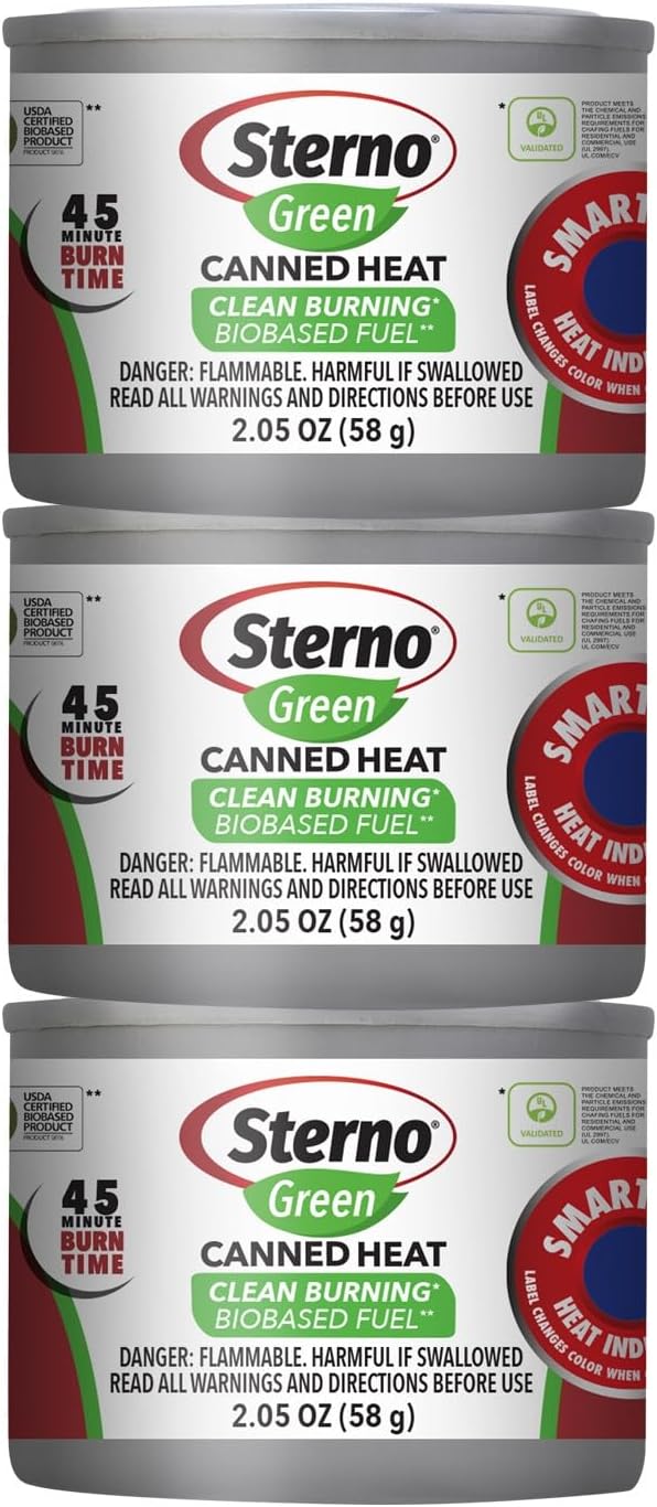 Sterno Green Canned Heat Ethanol Fuel Can, 45-Minute Burn Time, Pack of 3 for Food Warmer