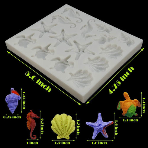 Sakolla Marine Theme Fondant Silicone Molds for Cake Decoration, Seashell, Conch, Seahorse, Starfish, Tortoise