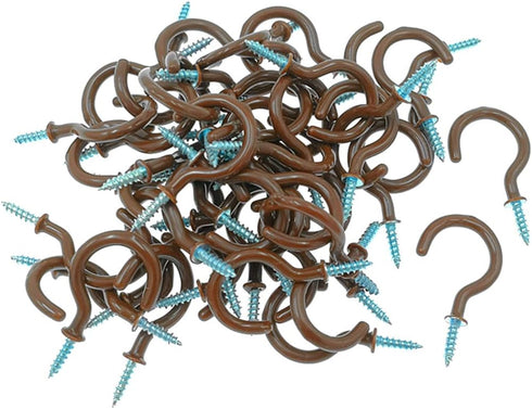Cup Ceiling Hooks, Medium Size Vinyl Coated Screw-in Open Hooks, 50pcs, 1.25 inches, Brown
