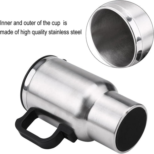 12V 450ml Stainless Steel Car Heating Cup, Electric Travel Mug for Heating Water, Coffee, Milk, Tea