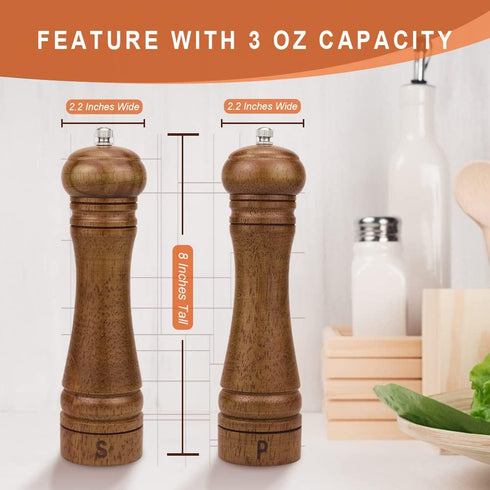 Set, Set, 8 inches Pack 2 XWXO Wood Salt and Pepper Grinder Salt Mill Pepper Grinder Pepper Mill, Salt Shakers
