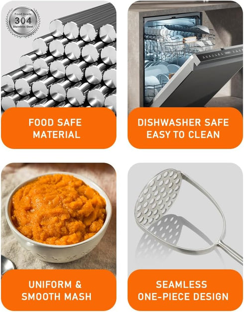 304 Brigii Potato Masher, Dual Arc for Easy, Labor-Saving Mashing, Stainless Steel, Sturdy and Durable One-Piece Potato