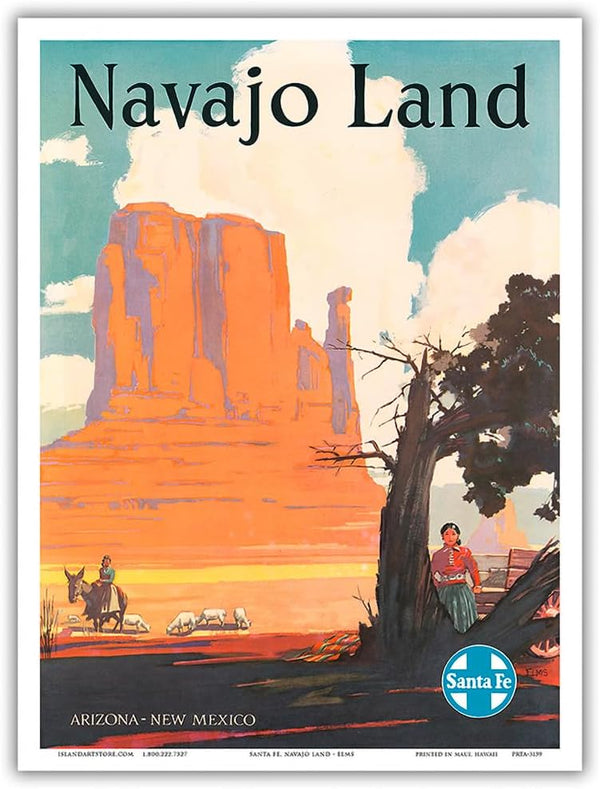 Vintage Railroad Travel Poster by Elms c.1954 - Navajo Land - Arizona New Mexico - Santa Fe Railroad - 9in x 12in