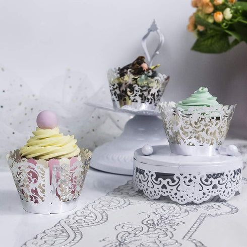 YOZATIA 60 Silver Vine Lace Cupcake Wrappers, Laser Cut Liners for Weddings and Special Events