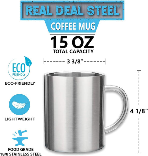 Stainless Steel Coffee Mugs, 15 oz Double Wall Insulated Mug Set of 2, BPA Free