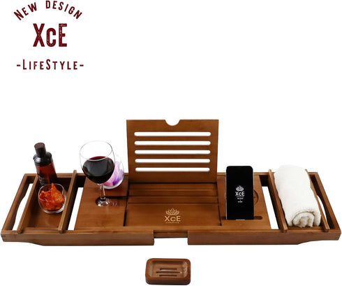 XcE Bathtub Caddy Tray, Expandable to 105cm, with Bamboo Book Stand and Soap Tray, Brown