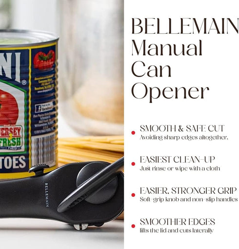 Bellemain Stainless Steel Manual Can Opener, Ergonomic Heavy Duty Hand Held Smooth Edge for Seniors, Easy to Use