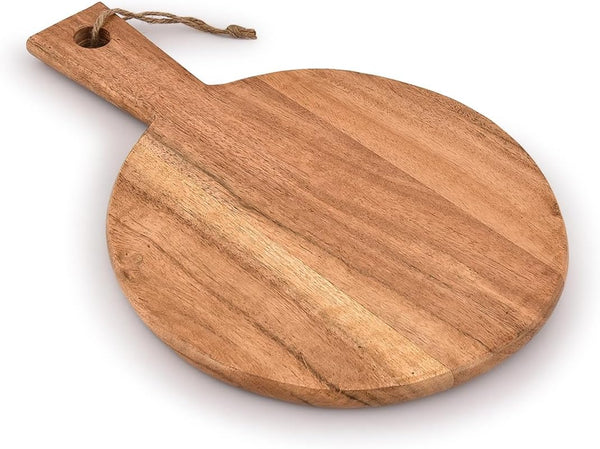 Round Acacia Wood Cutting Board with Handle, Chopping and Serving Board for Charcuterie, Cheese, Pizza (13" X 9")