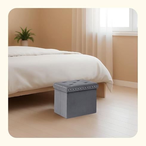Grey,16.5"x12.6"x12.6" PINPLUS Storage Ottoman with Benches Foot Rest Stool, Folding Velvet Shoes Chest for Bedroom