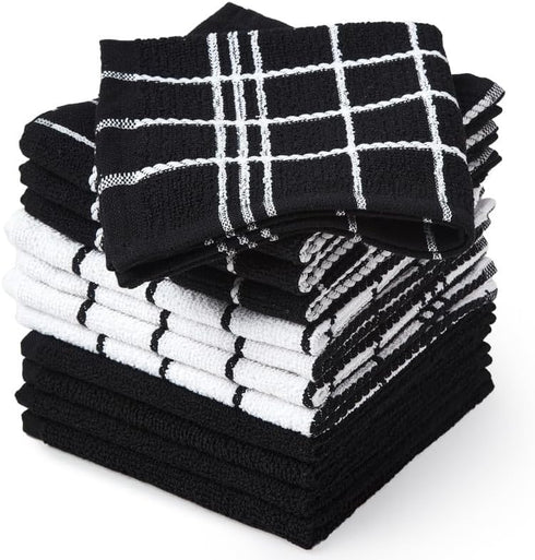 Encasa Terry Cloth Rags, Absorbent Dish Towels for Kitchen Drying and Cleaning, Pack of 12 in Terry Black