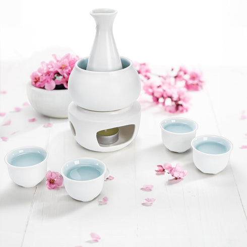 Set Set, 7 Set 1 1 1 4 Foraineam White Ceramic Sake with Warmer Pot, Japanese Style Porcelain Hot Saki Drink Bottle