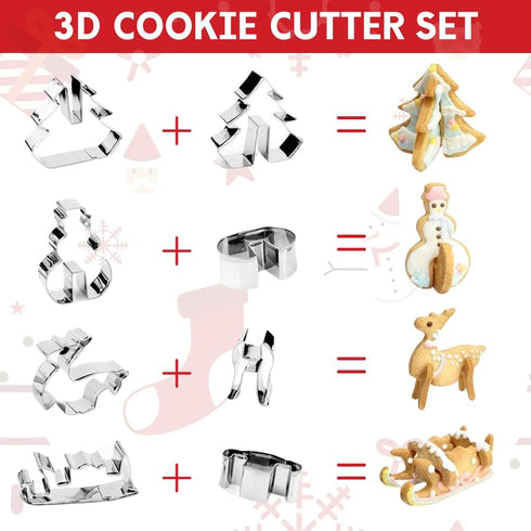 KAISHANE 3D Christmas Cookie Cutter Set - 8 Piece Holiday Biscuit Cutters - Snowman, Christmas Tree, Reindeer, Sled