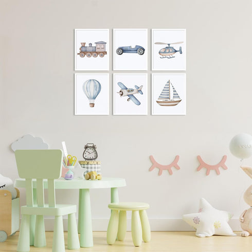 Set 6, 8x10 inch Nursery Car Wall Art of Baby Boys Poster Canvas Prints, Blue Kids Car Train Plane Boat Hot Air Balloon