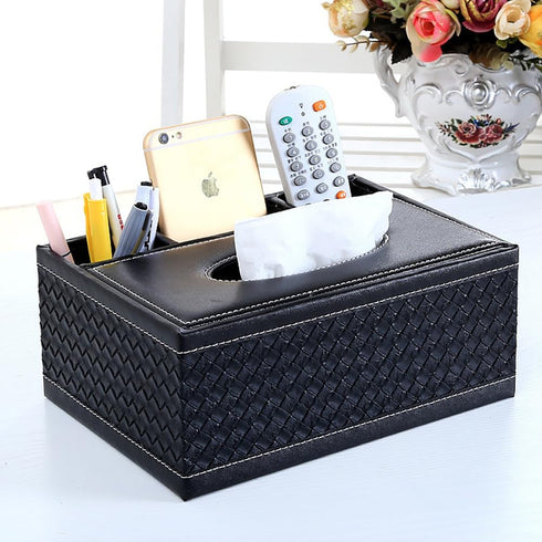 PU Leather Tissue Box Cover, Multifunctional Holder with Stationery Remote Control Box, Elegant Home Napkin Holder