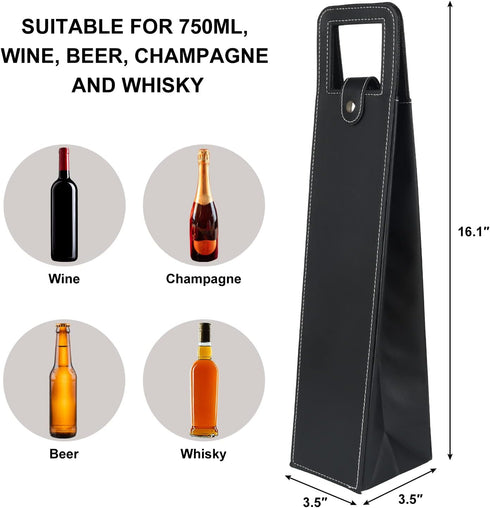 Leather Wine Gift Bag 16.1x3.5x3.5 in, Reusable Portable Wine Tote Bag, Metal Clasp for Parties, Birthdays, Holidays