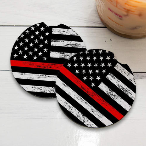 Set of 2 Thin Red Line Car Coasters for Drinks | Absorbent Coasters with Rubber Backing, 2.56 inches