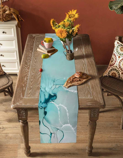 Falaniique 36 Inches Marble Turquoise Aqua Table Runner Long,Cotton Linen Modern Teal Kitchen Dinner Dining Table