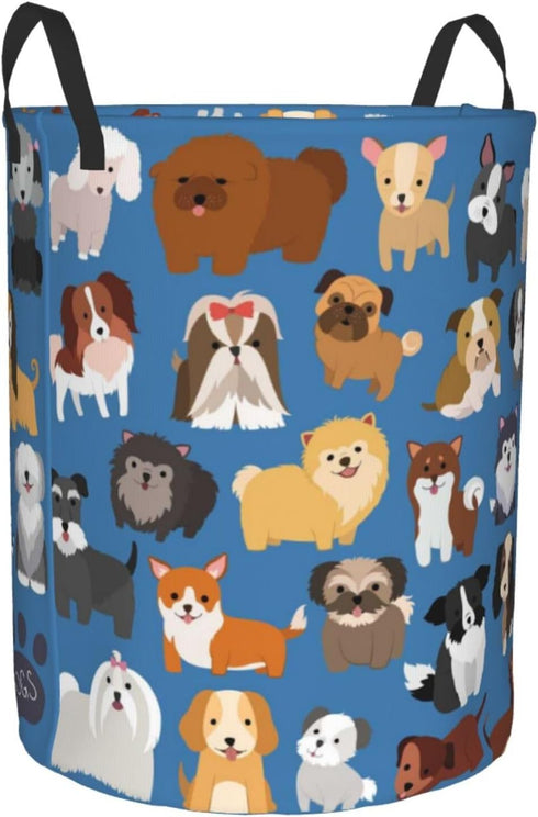 Cute Dogs Blue Round Laundry Hamper, Storage Basket for Toys, Clothes Organizer Bin for Home
