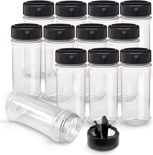 RoyalHouse 12 Pack 5.5 Oz Plastic Spice Jars with Black Cap, Clear
