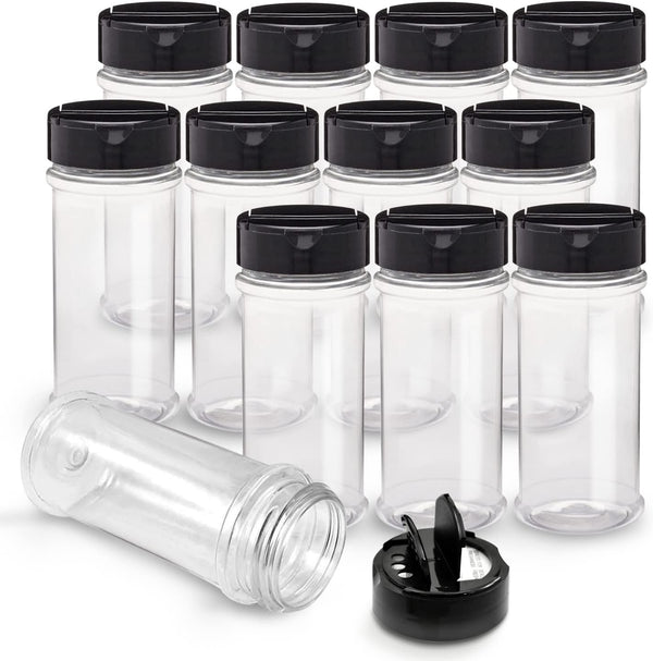 RoyalHouse 12 Pack 5.5 Oz Plastic Spice Jars with Black Cap, Clear