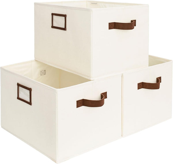 StorageWorks 32L Decorative Storage Bins for Shelves, Closet Storage Baskets with PU Handles, Hand Wash, Canvas, Ivory