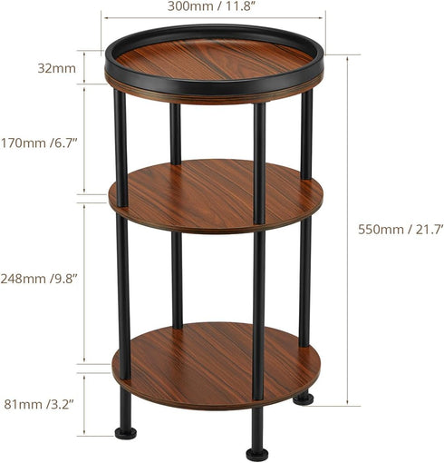 Small Round Side Table for Small Spaces - 3-Tier Modern Accent Table, Slim End Table for Living Room, Bedroom (Cherry)