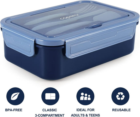 Caperci Classic Bento Box Adult Lunch Box, 47 oz Leakproof 3-Compartment Container for On-the-Go Eating, Navy Blue
