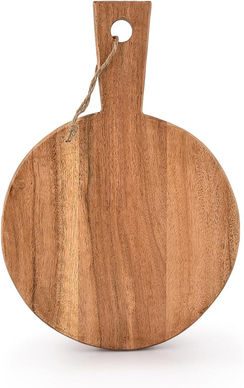 Round Acacia Wood Cutting Board with Handle for Chopping and Serving Charcuterie, Cheese, Pizza, Bread - Wall Décor (13" X 9" X 0.75") by Samhita