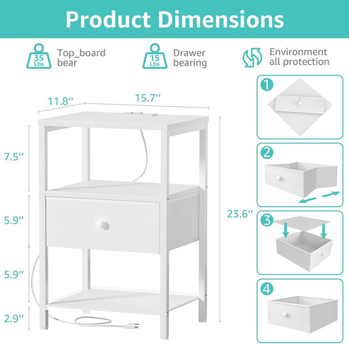 BOLUO White Nightstand with Charging Station, LED Night Stand with Fabric Drawers and Shelf, Bedside Table with USB