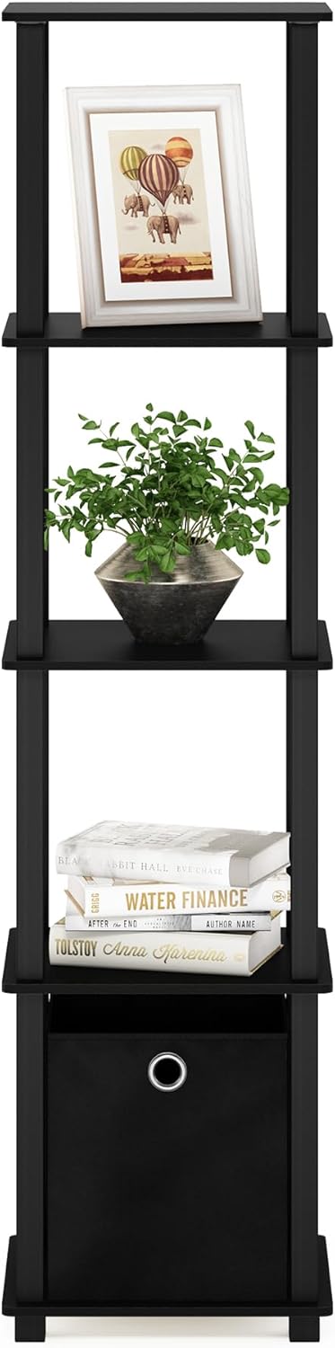 5-Tier FURINNO Black Decorative Shelf with Fabric Bin - Slim Design