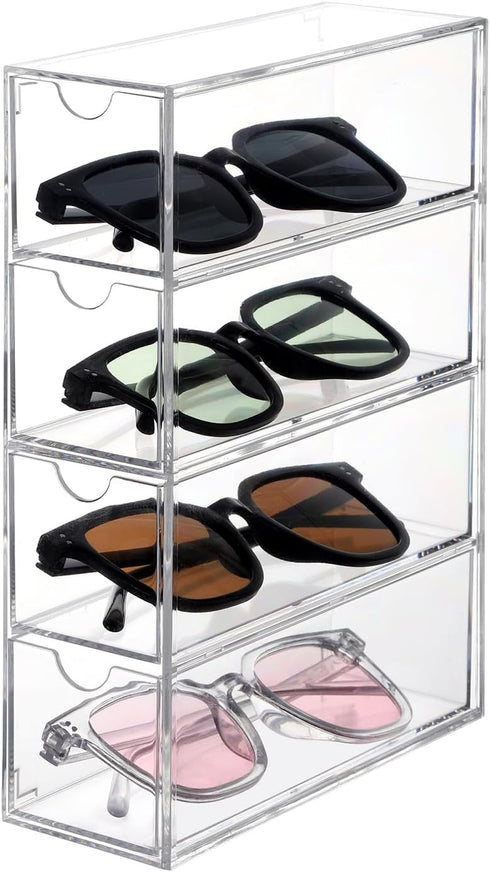 Clear Sunglasses Organizer Storage for Women, Stackable Acrylic Drawers for Bathroom, Dorm, Desk, Countertop, 4 Drawers