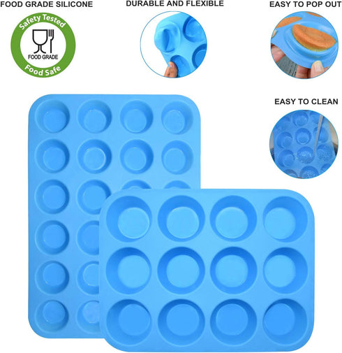 Silicone Muffin Pan Cupcake Set, Non-Stick 12 Cups and Mini 24 Cups, BPA Free with Spatula & Oil Brush